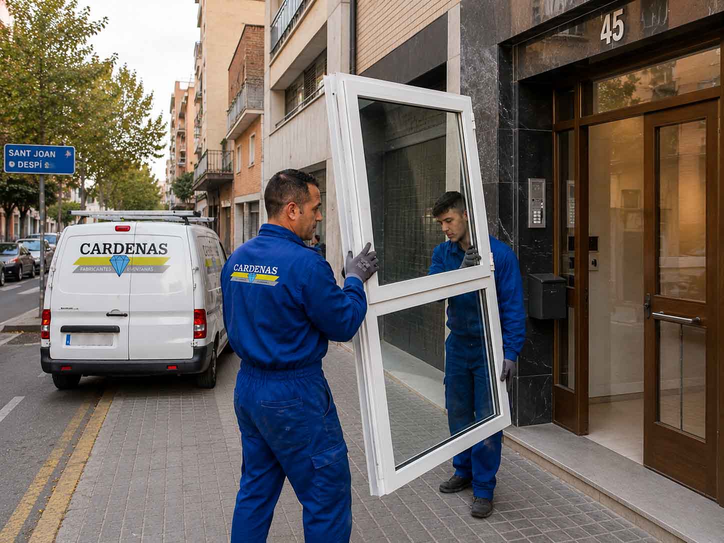 Operarios llevando una ventana de aluminio por la calle de Sant Joan Despí para instalarla en una vivienda