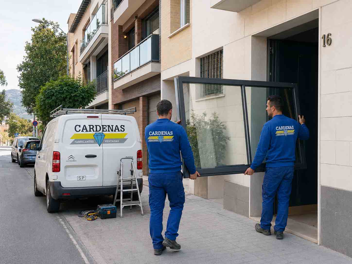 Operarios llevando una ventana de aluminio por la calle de Sant Just Desvern para instalarla en una vivienda