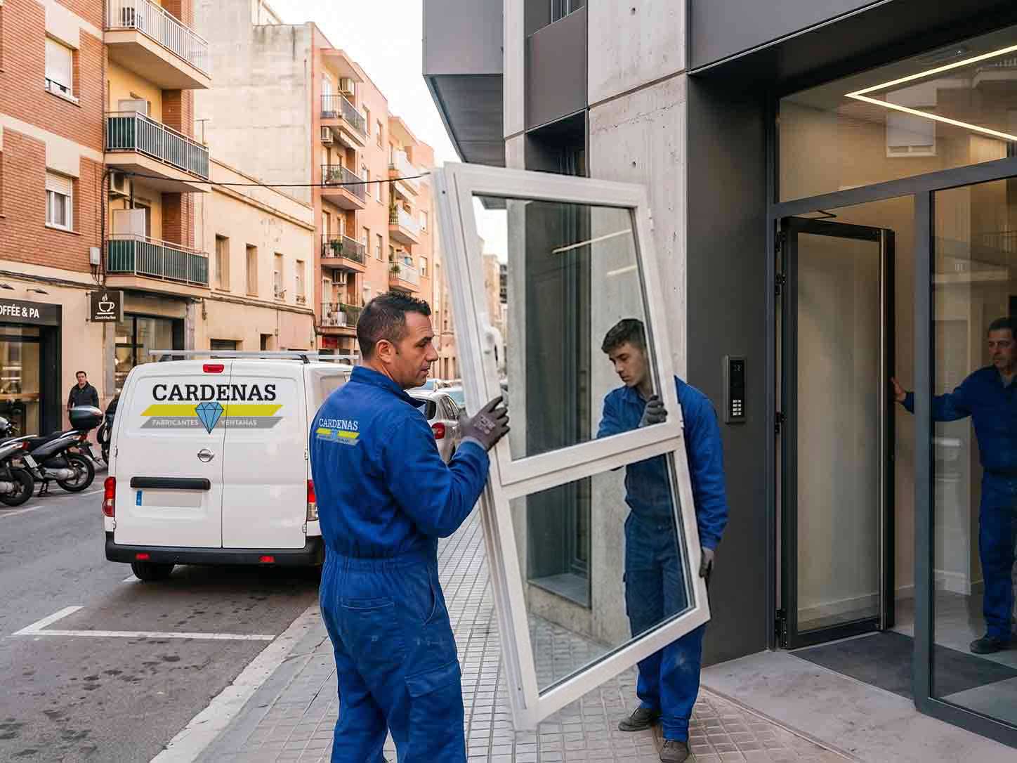 Operarios llevando una ventana de aluminio por la calle de Cornellà de Llobregat para instalarla en una vivienda