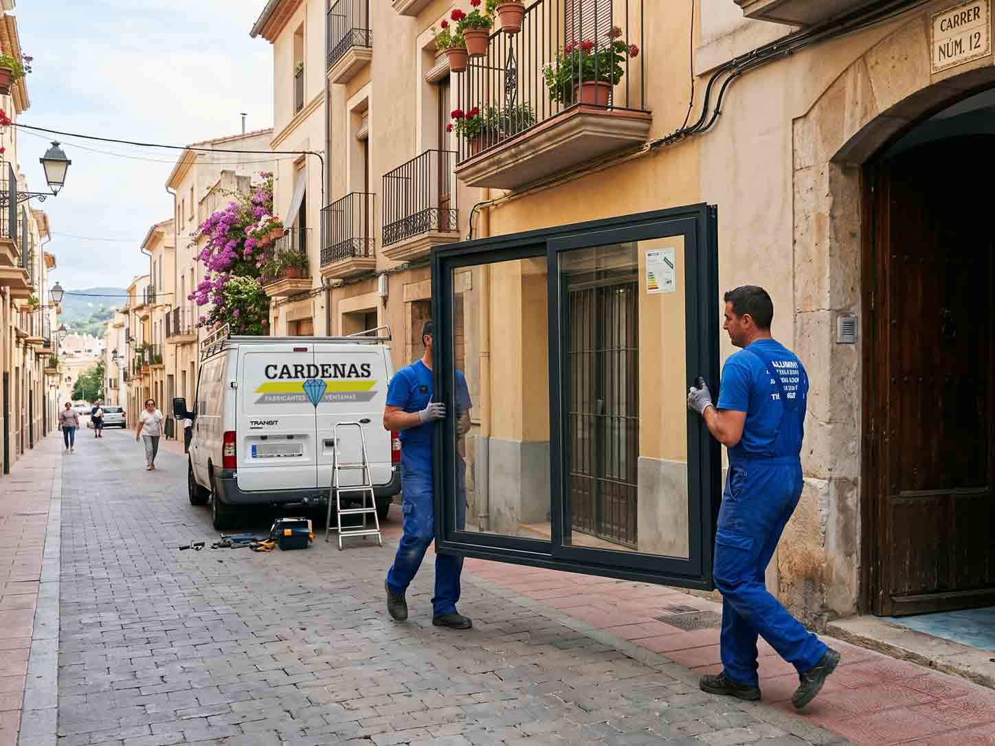 Operarios llevando una ventana de aluminio por la calle de Sant Boi de Llobregat para instalarla en una vivienda