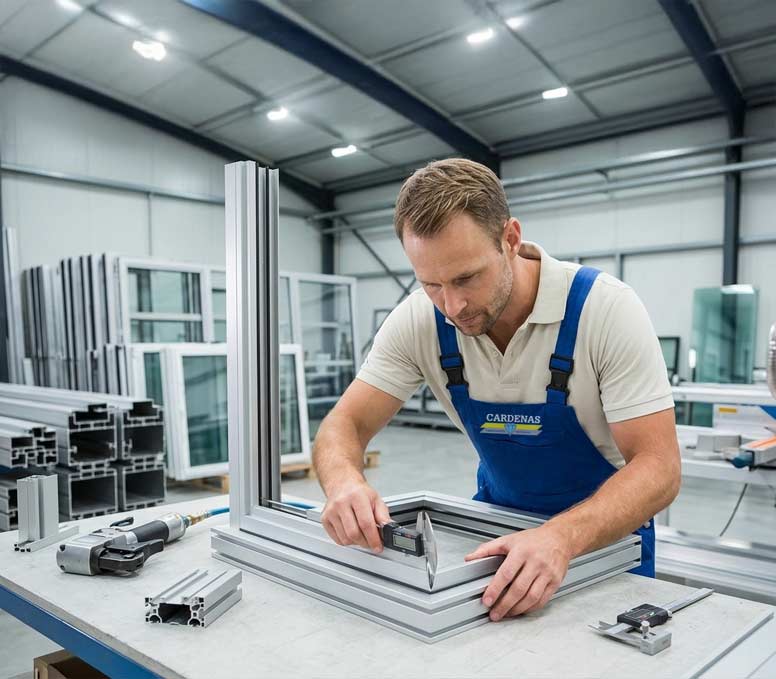 Técnico especialista de Cárdenas S.L. en pleno proceso de fabricación y montaje de una ventana de aluminio a medida para un hogar en Sant Boi de Llobregat