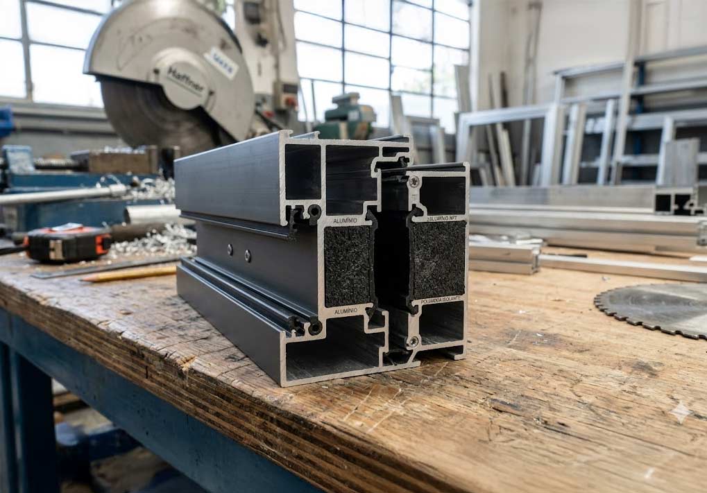 Corte transversal de un perfil de ventana de aluminio con Tecnología RPT (Rotura de Puente Térmico) de Cardenas SL, detallando las cámaras internas para aislamiento superior.
