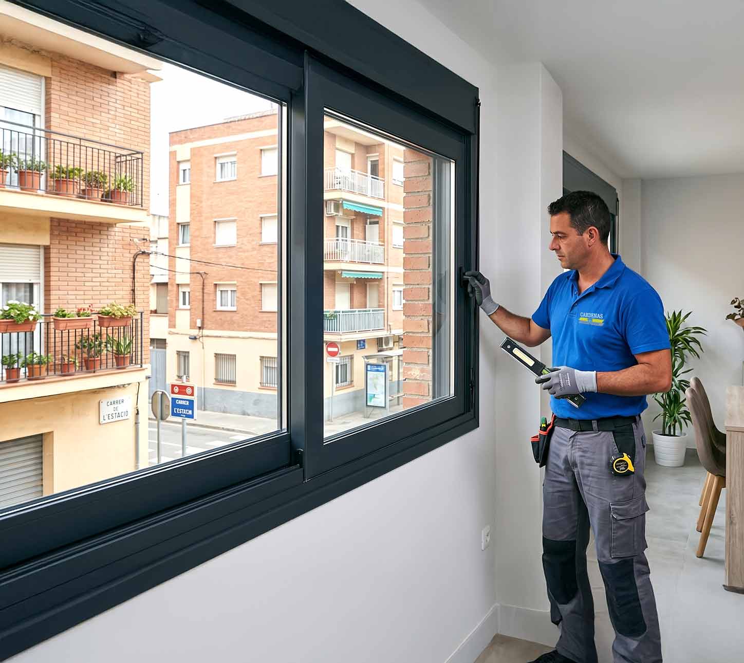 Técnico instalando unas ventanas de aluminio en Cornellà de Llobregat