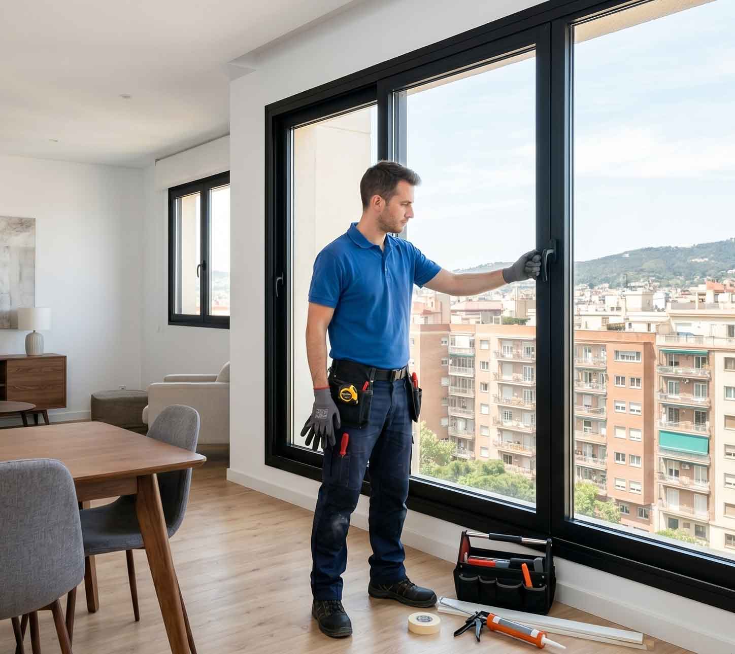 Técnico instalando unas ventanas de aluminio en Sant Joan Despí
